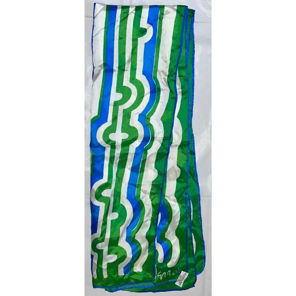 Vintage VERA Neumann Scarf - ladybug signed Blue & Green Rayon & Silk 15